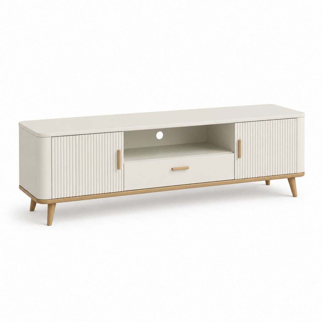 Mobile rechteckige TV-Tür aus MDF und Massivholz mit 2 Türen, 1 Schublade und Kabeldurchführung, weißer Creme, natürliches und vergoldetes Holz, 160 × 40 × 58 cm