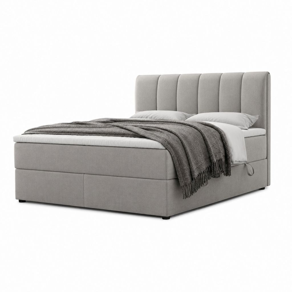 Doppel-Boxspringbett 160 × 200 cm hellgrau mit Behälter, Matratze, Topper und gepolstertem Kopfteil
