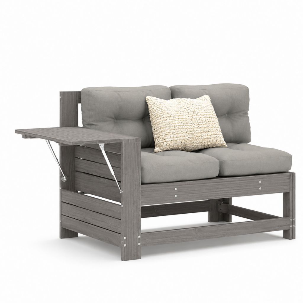 Gartensofa mit 2 Sitzen aus Massivholz aus grauer Akazie mit Kissen und klappbarer Seitentisch, 151 × 80 × 85 cm