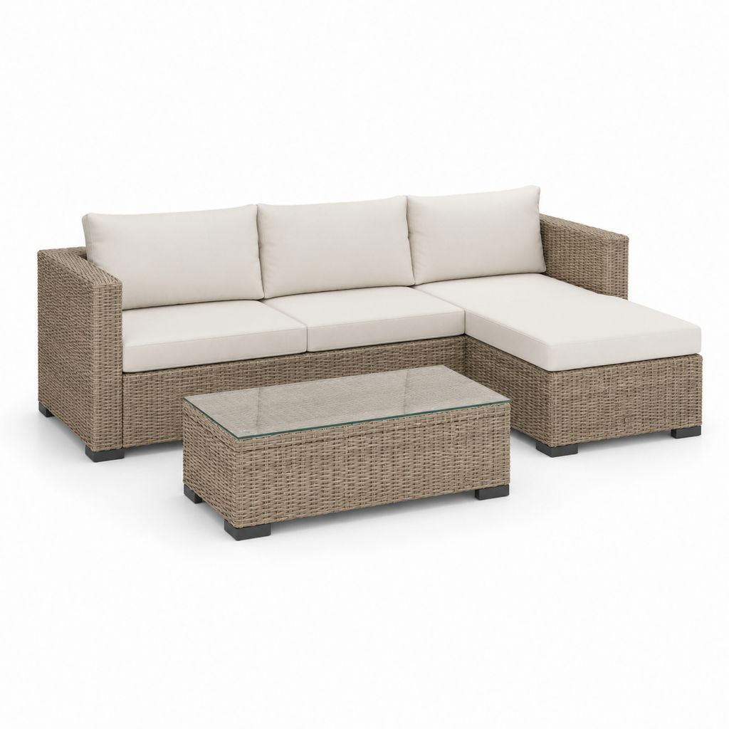 Sitzgarnitur 2 Stücke in Rattan PE Turteltaube und Beige, 3 Sitze Ecksofa mit Chaiselongue 222 × 146 × 74 cm und Couchtisch 90 × 50 × 33 cm