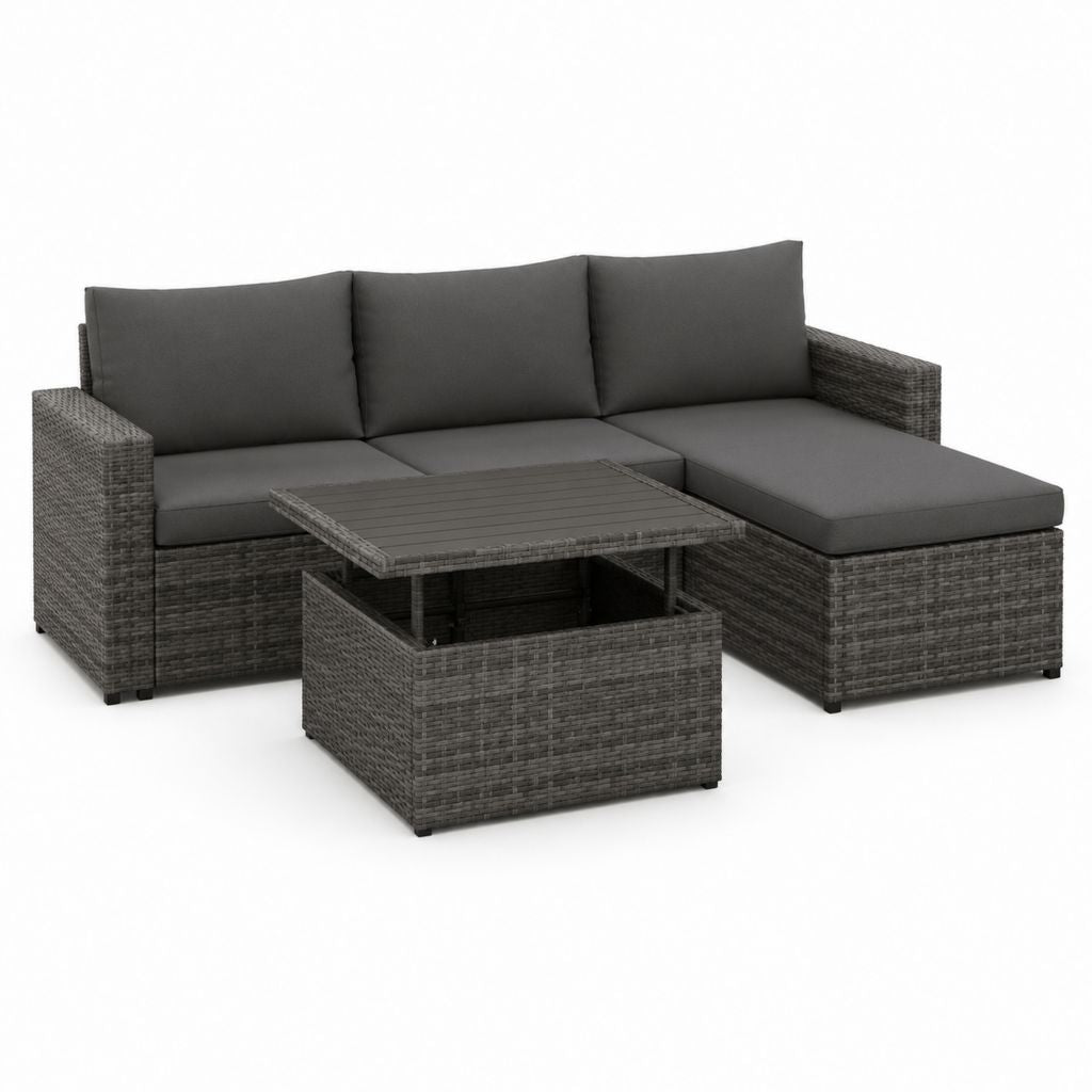 Outdoor-Set mit 3-Sitz-Winkelsofa, Chaise Longue rechts und gehobener Couchtisch aus grauem PE Rattan, 235 × 175 × 74 cm