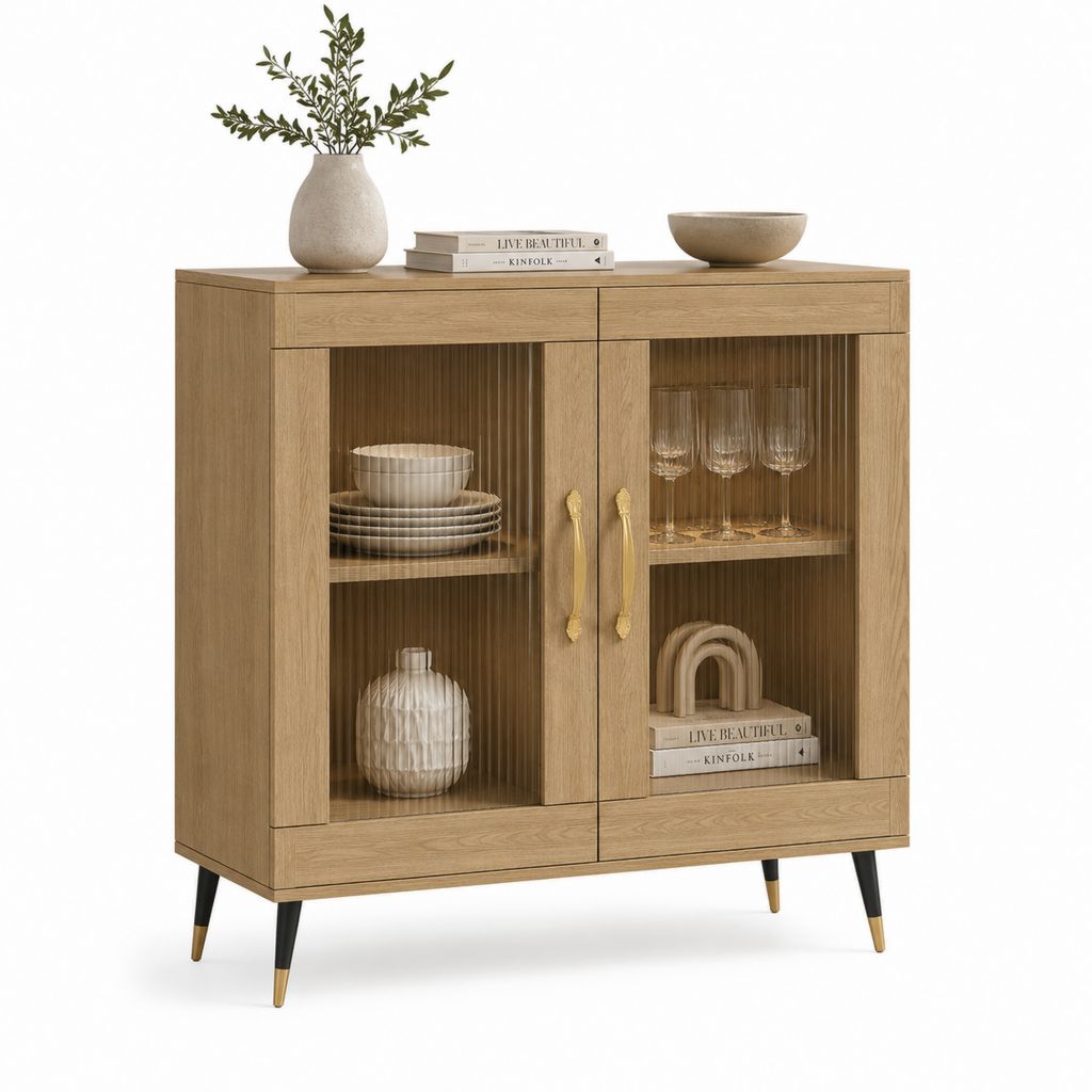 Hoch rechteckiger Holzschatz MDF natürlichen Eiche Effekt mit 2 Glastüren nutiert und 2 Schubladen, 100 × 40 × 110 cm