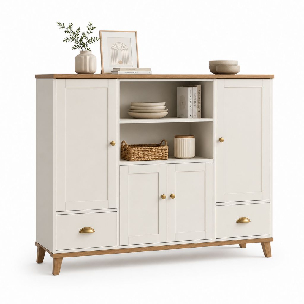 Hoher Holzschmuck mit 4 Türen, 2 Schubladen und 2 offenen Räumen, Elfenbein und Natureiche, 120 × 40 × 110 cm