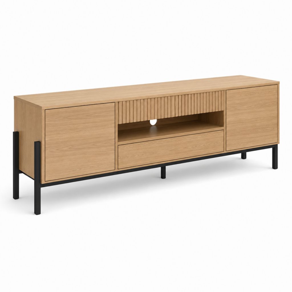 Mobile TV-Port niedrig aus MDF und Stahl, Eiche und Natur, 180 × 40 × 60 cm