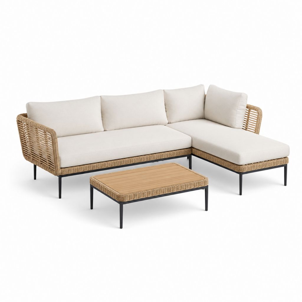 Ecksofa Set von außen 3 Stücke in Rattan PE und Stahl mit Halbinsel und Couchtisch, beige natürlich und schwarz, 255 × 145 × 78 cm