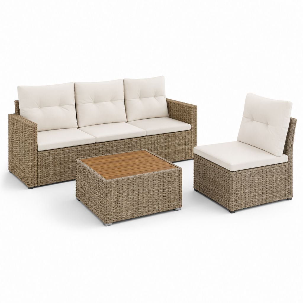 Garten-Set 3 Stücke aus PE Rattan und Turtelstahl mit Beige-Kissen, Sofa 190 × 70 × 75 cm, Sessel 70 × 70 × 75 cm und Couchtisch 70 × 70 × 35 cm