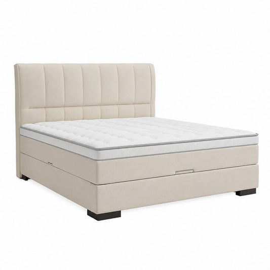 Kontinental Doppelbett 180 × 200 cm mit Behälter, Matratze, Übermatratze und gepolstertem Kopfteil aus beigefarbenem Stoff