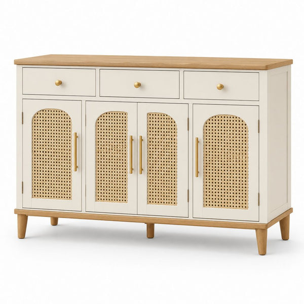 Rechteckiger Glaube aus MDF und Rattan, Elfenbein und Eiche, 4 Türen und 3 Schubladen, 140 × 40 × 90 cm