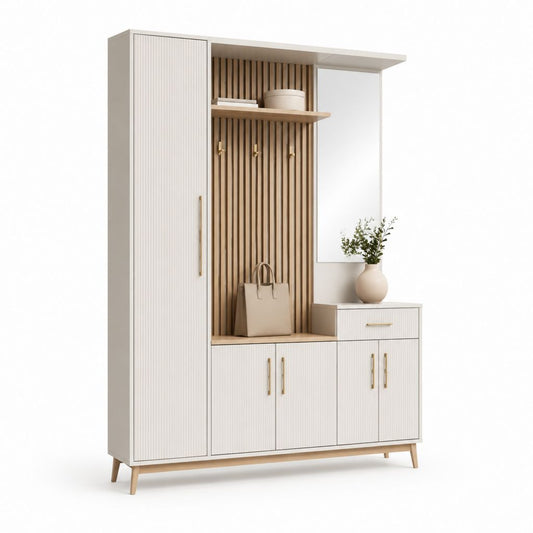 Garderobenschrank mit Schuh, Kleiderbügel und Spiegel aus mattweißem MDF und heller Eiche, 160 × 40 × 200 cm