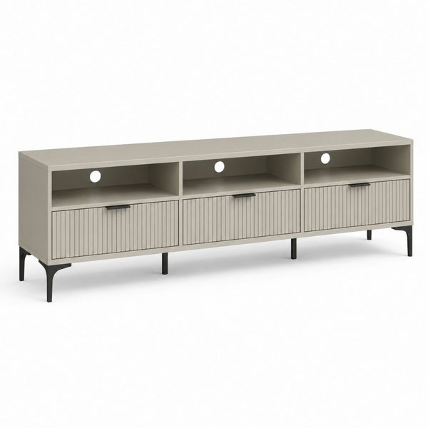 TV-Lowboard mit 3 Torten und 3 offenen Räumen, Turteltaube und Schwarz, 180 × 40 × 60 cm