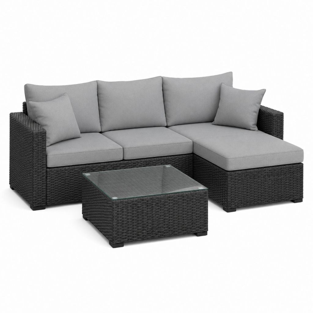 Outdoor-Set 2 Stücke aus schwarzem Polyrattan mit grauen Kissen, Sofa 195 × 130 × 65 cm und Couchtisch 60 × 60 × 35 cm