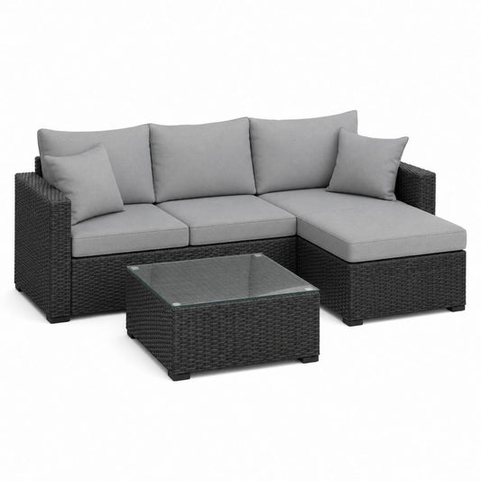 Outdoor-Set 2 Stücke aus schwarzem Polyrattan mit grauen Kissen, Sofa 195 × 130 × 65 cm und Couchtisch 60 × 60 × 35 cm