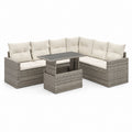 7-Sitz Eck-Garten-Set aus grauem PE Rattan mit Sahne Kissen und Aufstelltisch, Sofa 236 × 236 × 74 cm, Tisch 120 × 60 × 42-66 cm