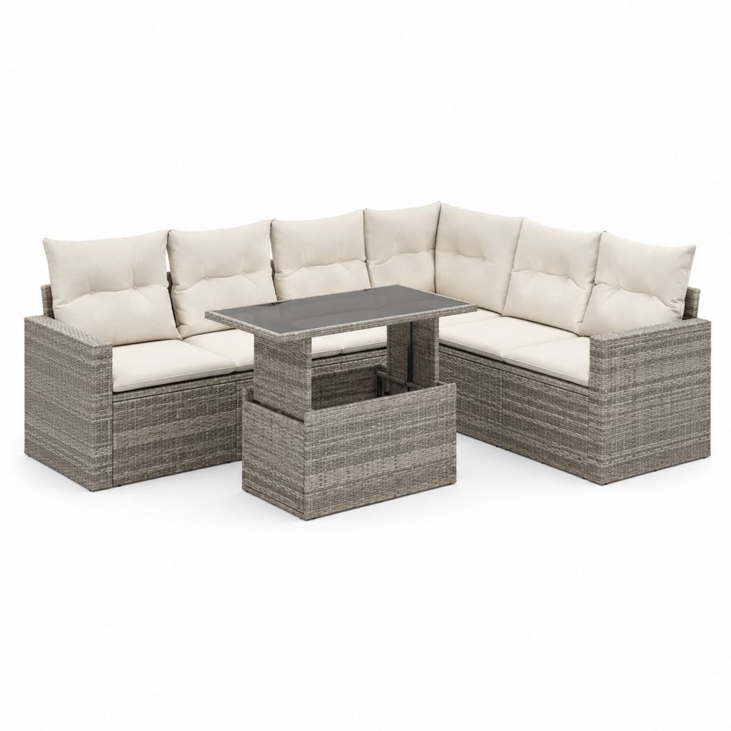 7-Sitz Eck-Garten-Set aus grauem PE Rattan mit Sahne Kissen und Aufstelltisch, Sofa 236 × 236 × 74 cm, Tisch 120 × 60 × 42-66 cm