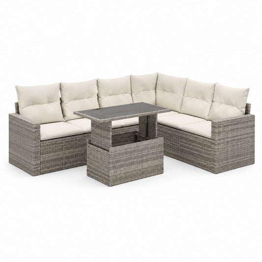 7-Sitz Eck-Garten-Set aus grauem PE Rattan mit Sahne Kissen und Aufstelltisch, Sofa 236 × 236 × 74 cm, Tisch 120 × 60 × 42-66 cm