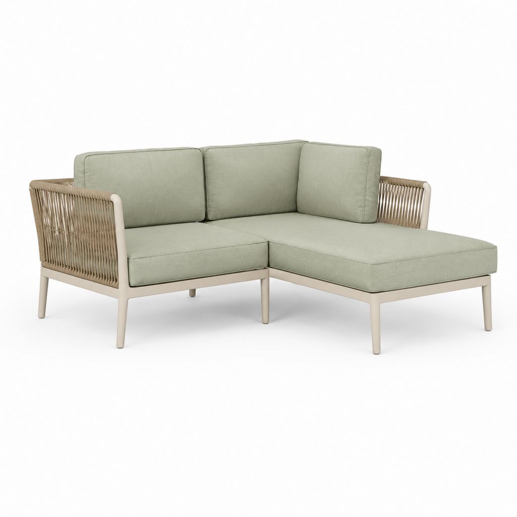 L-Eck-Gartensofa mit 3 Sitzen aus Aluminium, Seil und Stoff mit rechten Halbinsel, Salbeigrün, 194 × 140 × 75 cm