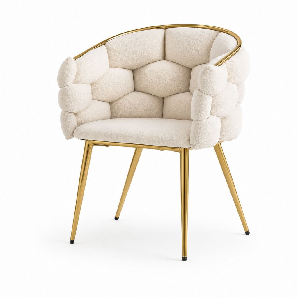 Esszimmerstuhl mit Armlehnen und Rückenlehne aus Polyester und Stahl, Creme und Gold, 61 × 60 × 79 cm