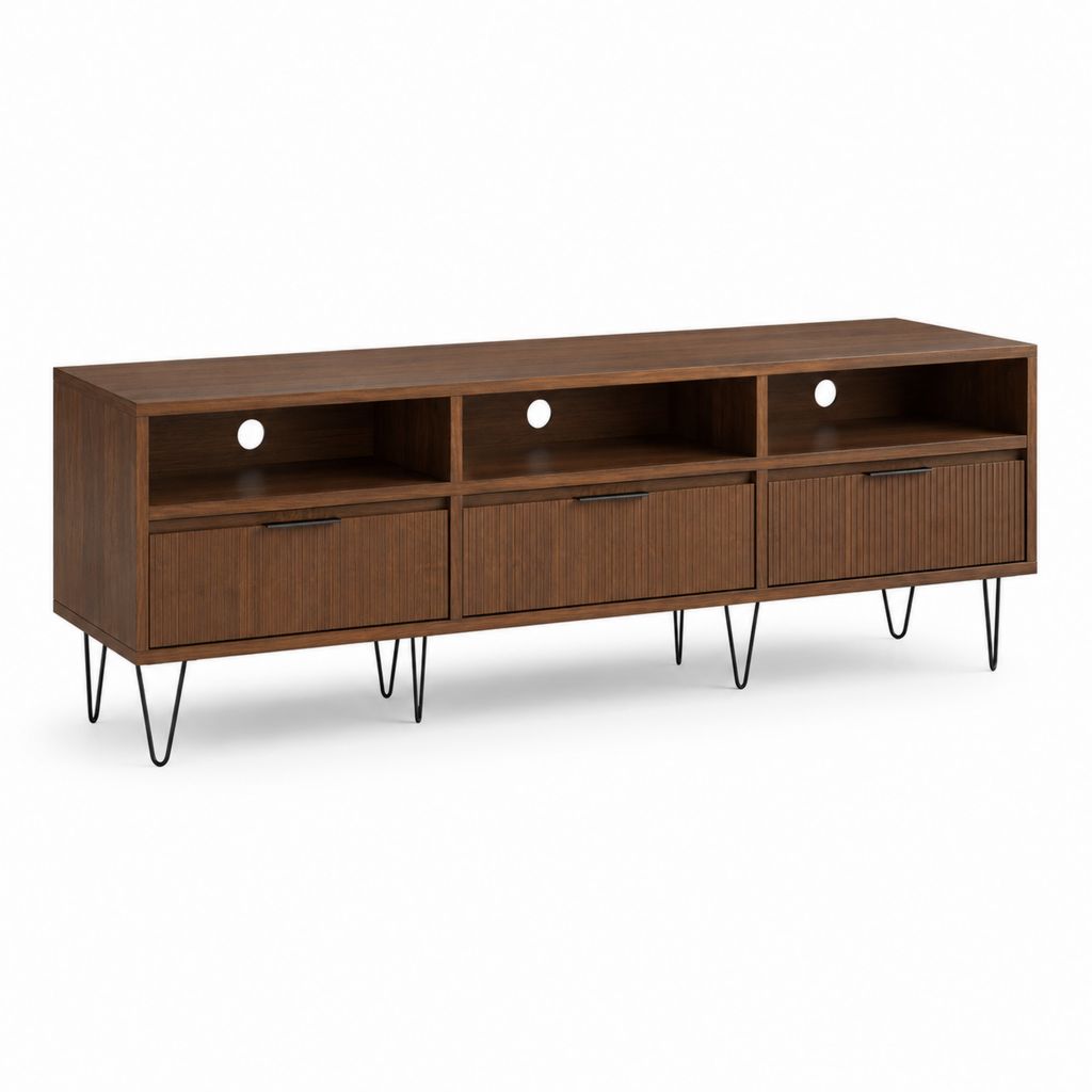 TV-Lowboard aus MDF und Metall mit 3 Türen und 3 offenen Räumen, braune Nussbaum und schwarz, 180 × 40 × 60 cm