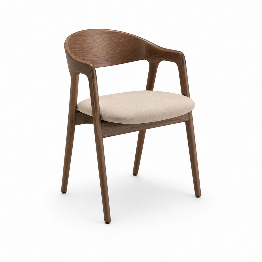Esszimmerstuhl mit Armlehnen aus Massivholz braun Nussbaum und gepolstertem Sitz beige, 56 × 57 × 78 cm