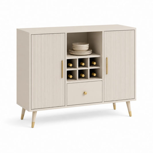 Rechteckiger Flaschenhalter aus MDF beige und Gold mit 2 Rillen, 1 Schublade und 6 Zimmern, 120 × 40 × 100 cm