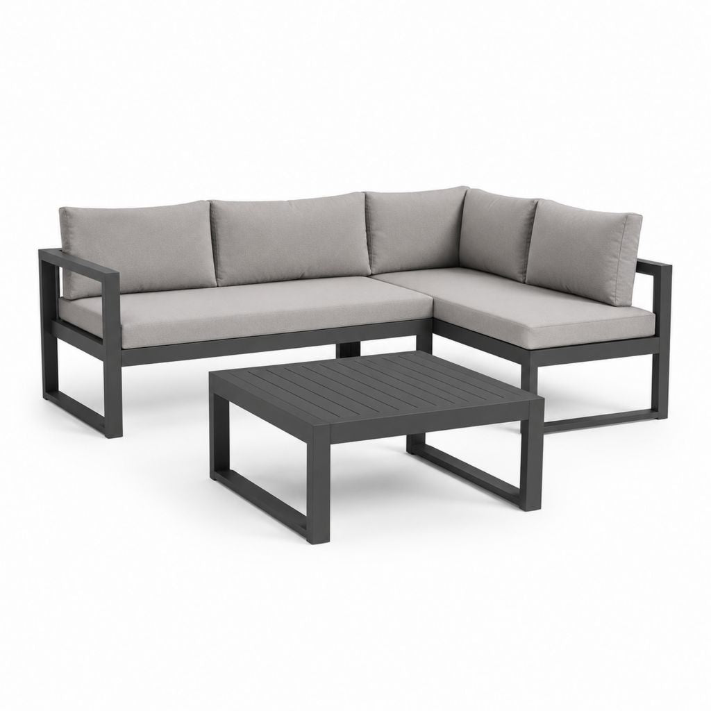 Außen Ecksaal 3 Stücke aus anthrazitem Aluminium mit grauen Kissen, 204 × 204 × 65 cm