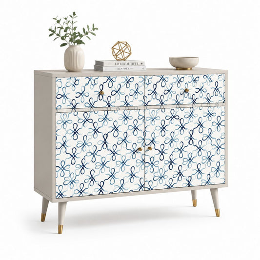Rechteckiger Holzschatz mit 2 Türen und 2 Schubladen, grau, weiß, blau und Messing, 110 × 40 × 90 cm