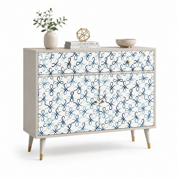 Rechteckiger Holzschatz mit 2 Türen und 2 Schubladen, grau, weiß, blau und Messing, 110 × 40 × 90 cm