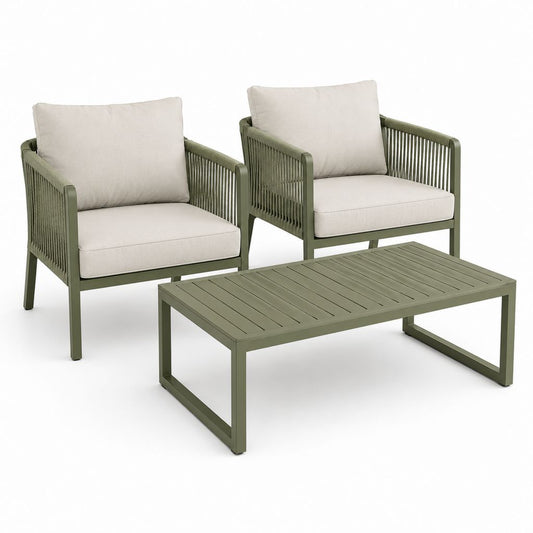Garten-Set 3 Stücke aus olivgrünem Aluminium mit 2 Sesseln, Beige Kissen und Couchtisch 100 × 55 × 38 cm