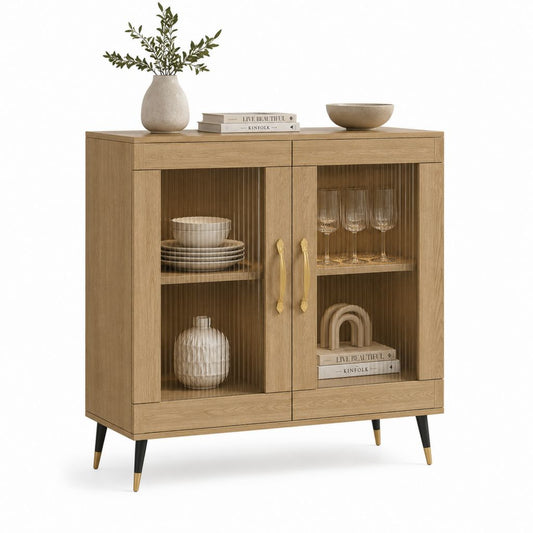 Hoch rechteckiger Holzschatz MDF natürlichen Eiche Effekt mit 2 Glastüren nutiert und 2 Schubladen, 100 × 40 × 110 cm