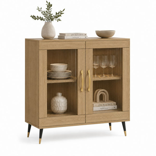 Hoch rechteckiger Holzschatz MDF natürlichen Eiche Effekt mit 2 Glastüren nutiert und 2 Schubladen, 100 × 40 × 110 cm