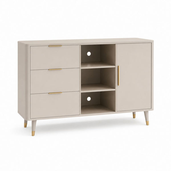 Rechteckiger Glaube aus MDF Turteltaube und Gold mit 3 Schubladen, 1 Tür und 3 offenen Räumen, 120 × 40 × 80 cm