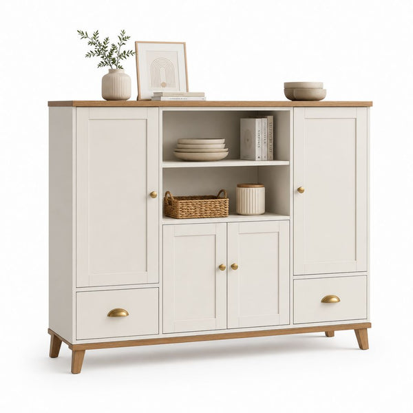 Hoher Holzschmuck mit 4 Türen, 2 Schubladen und 2 offenen Räumen, Elfenbein und Natureiche, 120 × 40 × 110 cm