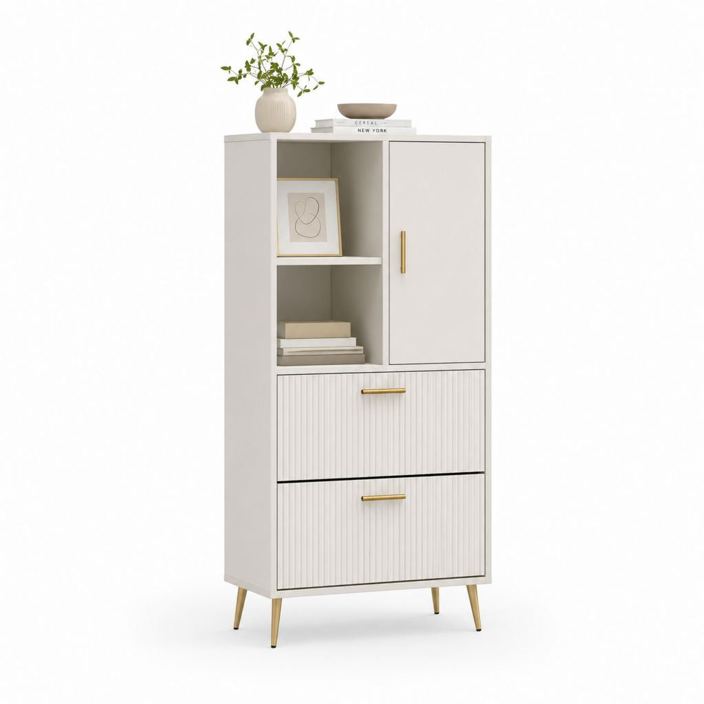 Aufbewahrungsschrank aus MDF und weißem Stahl und Gold 60 × 35 × 120 cm mit 1 Tür, 2 Schubladen und 2 offenen Räumen