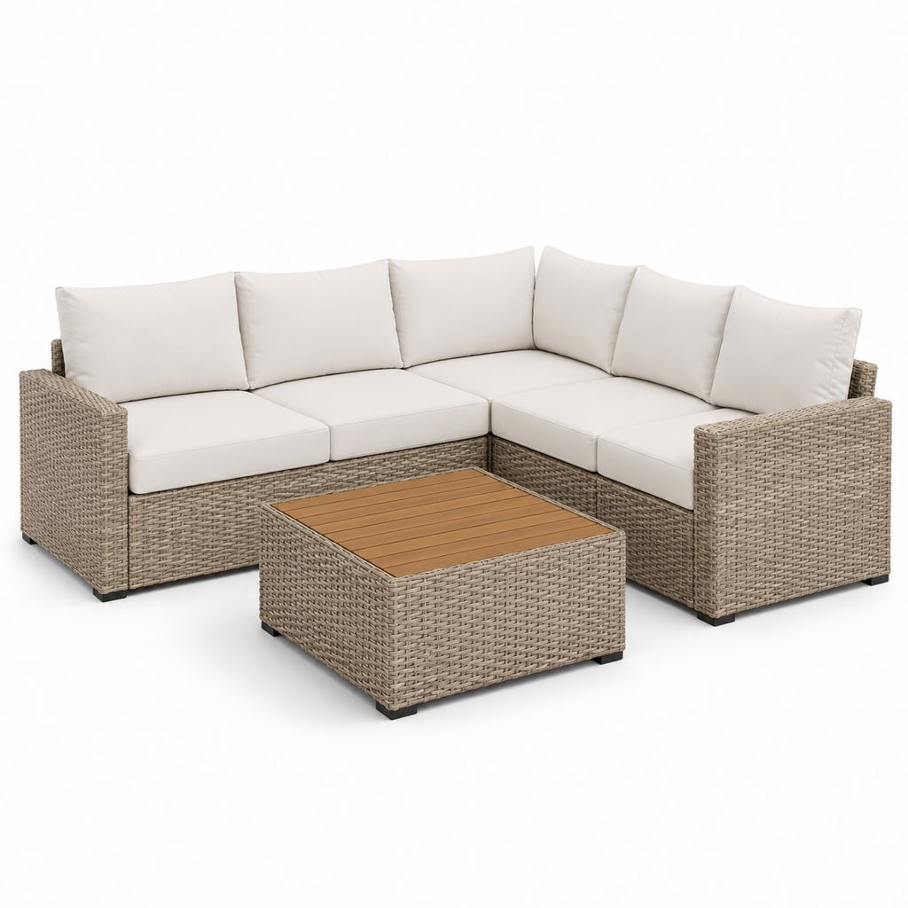 Set Eck-Garten-Wohnzimmer mit 5 Plätzen in beige polyrattan mit Kissen Creme und Couchtisch, 240 × 240 × 72 cm