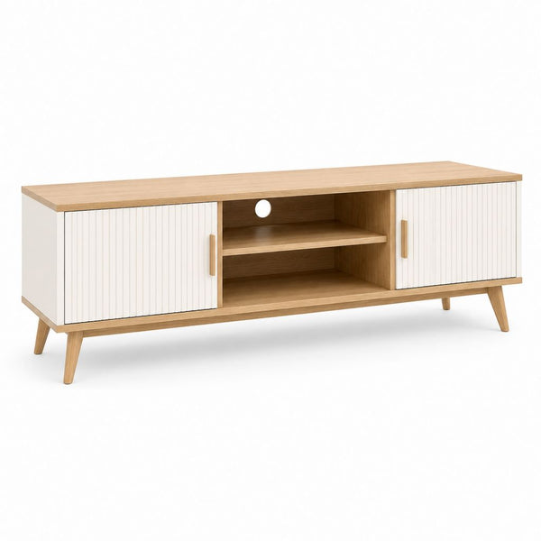 Mobile TV-Port flach rechteckig aus Holz, Eiche natur und weiß, 160 × 40 × 60 cm